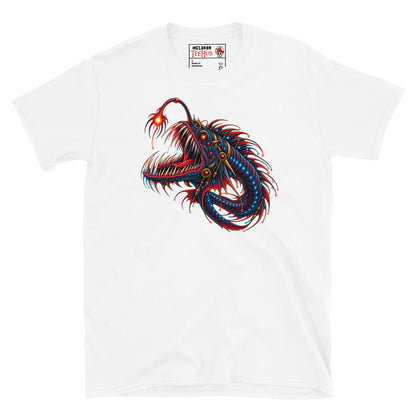 White dragonfish deep sea fantasy art t-shirt with stunning full body bioluminescent illustration featuring glowing red lure savage fang jaw blue photophore orbs and trailing red gold filaments