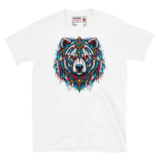 White bear sacred geometry spirit animal t-shirt with breathtaking front-facing bear portrait featuring glowing red eyes blue third eye orb gold crown apex teal red fur mane and sacred geometry chest detailing