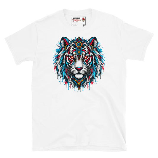 White tiger sacred geometry spirit animal t-shirt with breathtaking front-facing white tiger portrait featuring burning orange-red eyes blue third eye orb gold crown teal red fur mane explosive paint splatter and gold geometric chest necklace