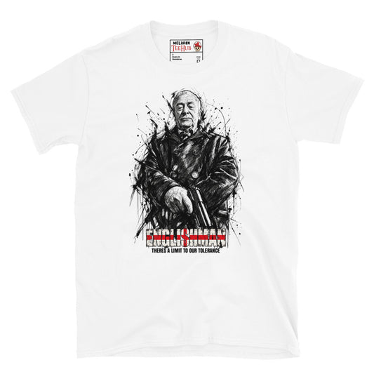 White Harry Brown Michael Caine Englishman t-shirt with dramatic ink splatter sketch portrait of Michael Caine as Harry Brown holding pistol with eyes closed and St George's Cross striped Englishman There's A Limit To Our Tolerance typography