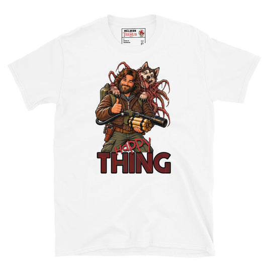 White The Thing MacReady Happy Thing t-shirt with funny illustration of MacReady giving thumbs up with flamethrower while Thing infected dog with tentacles erupts from his shoulder and Happy Thing typography