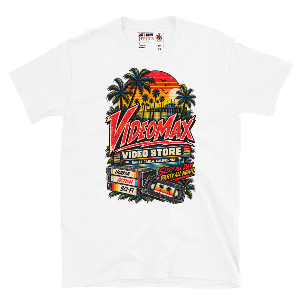 White Lost Boys VideoMax Video Store t-shirt with retro California sunset design featuring VideoMax Santa Carla California sign palm trees pier VHS tapes labelled Horror Action Sci-Fi and Sleep All Day Party All Night typography