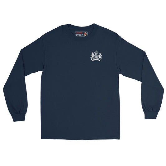 Navy James Bond Skyfall inspired long sleeve t-shirt with subtle small chest white heraldic lion and unicorn Royal Warrant crest emblem
