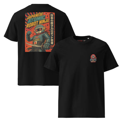 Black Japanese Atomic Robot Ninja organic cotton t-shirt showing small chest logo on front and dramatic retro propaganda poster back print of robot ninja with katana raised fist red sunburst and Japanese kanji panel