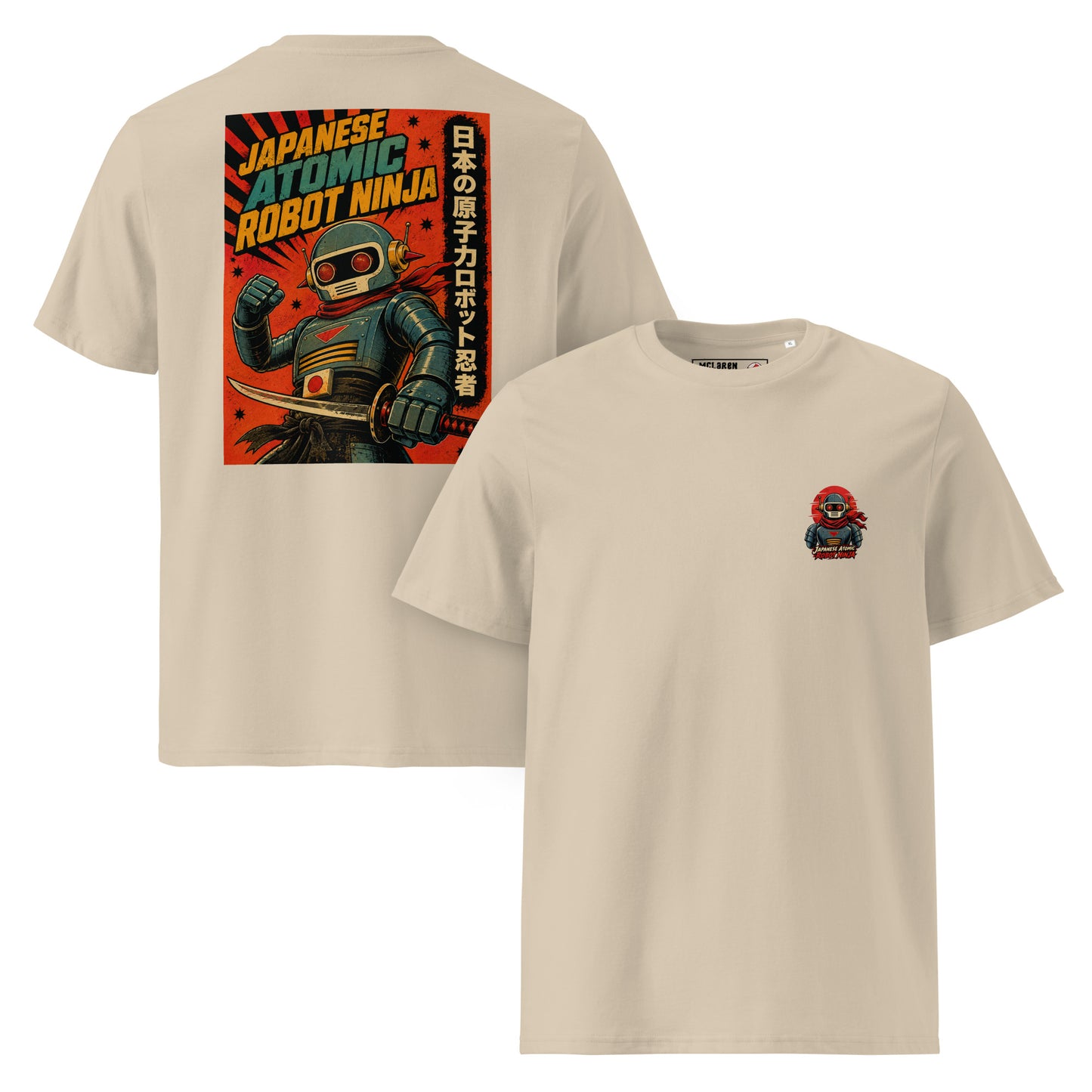 Desert Dust Japanese Atomic Robot Ninja organic cotton t-shirt showing small chest logo on front and dramatic retro propaganda poster back print of robot ninja with katana raised fist red sunburst and Japanese kanji panel