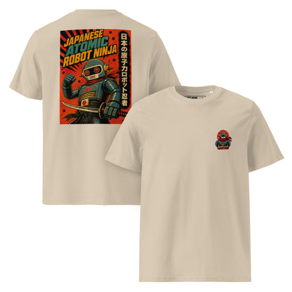Desert Dust Japanese Atomic Robot Ninja organic cotton t-shirt showing small chest logo on front and dramatic retro propaganda poster back print of robot ninja with katana raised fist red sunburst and Japanese kanji panel