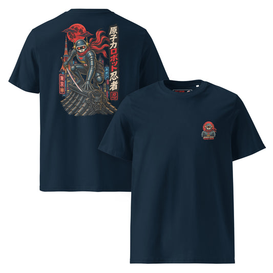 French Navy Japanese Atomic Robot Ninja Tokyo Nights organic cotton t-shirt showing small chest logo on front and cinematic back print of robot ninja on temple rooftop against neon Tokyo cityscape blood red moon and kanji panel
