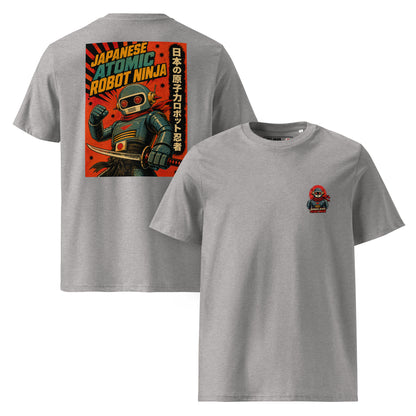 Heather Grey Japanese Atomic Robot Ninja organic cotton t-shirt showing small chest logo on front and dramatic retro propaganda poster back print of robot ninja with katana raised fist red sunburst and Japanese kanji panel
