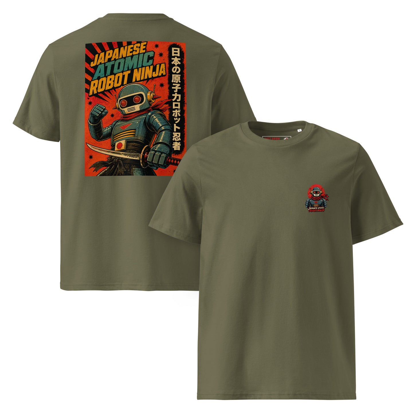 Khaki Japanese Atomic Robot Ninja organic cotton t-shirt showing small chest logo on front and dramatic retro propaganda poster back print of robot ninja with katana raised fist red sunburst and Japanese kanji panel