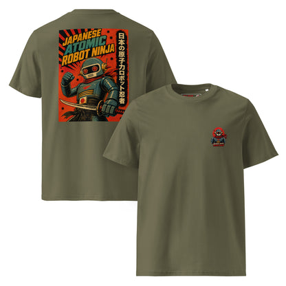 Khaki Japanese Atomic Robot Ninja organic cotton t-shirt showing small chest logo on front and dramatic retro propaganda poster back print of robot ninja with katana raised fist red sunburst and Japanese kanji panel