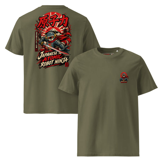 Military Green Japanese Atomic Robot Ninja organic cotton t-shirt showing small chest logo on front and bold back print with red brush stroke atomic kanji charging robot ninja katana red cape Mount Fuji and Japanese vertical panel