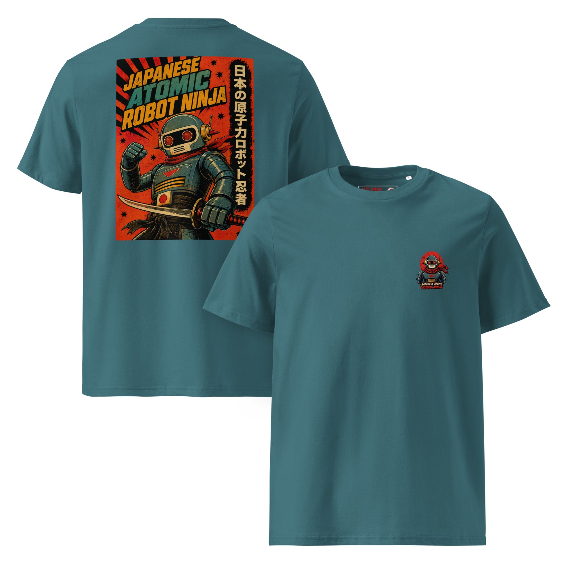Stargazer Japanese Atomic Robot Ninja organic cotton t-shirt showing small chest logo on front and dramatic retro propaganda poster back print of robot ninja with katana raised fist red sunburst and Japanese kanji panel