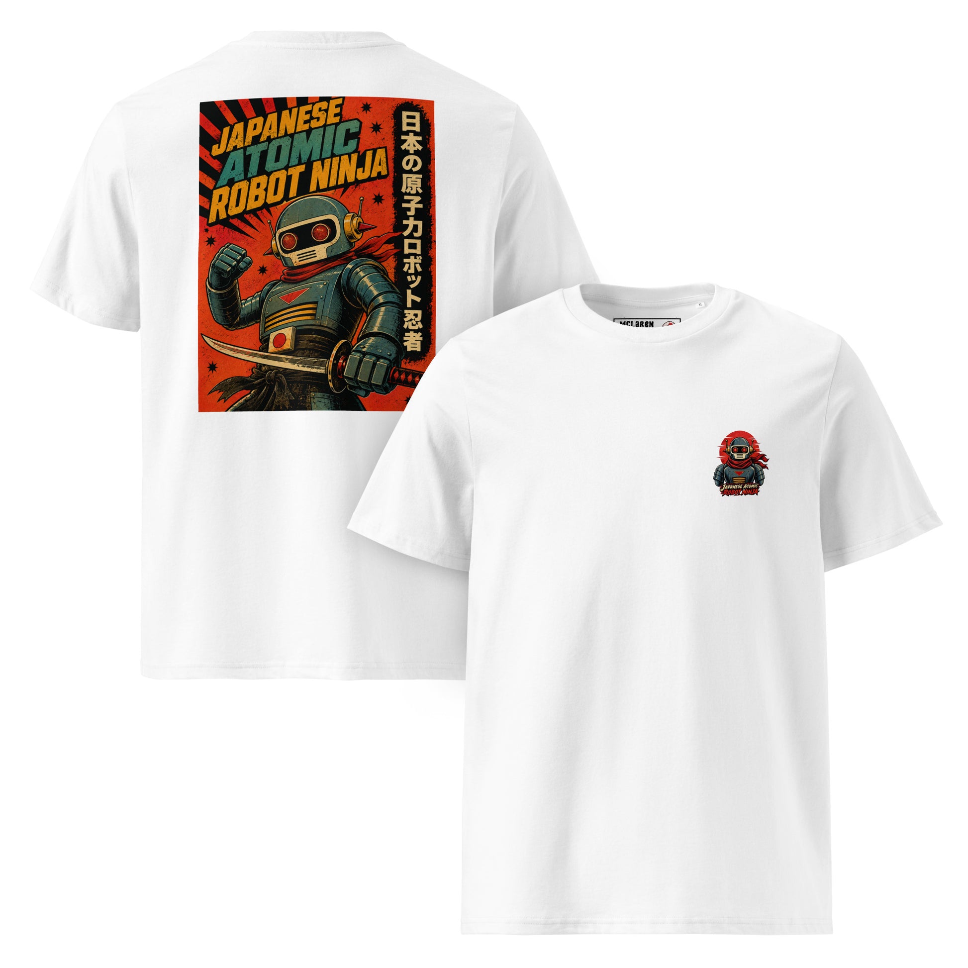 White Japanese Atomic Robot Ninja organic cotton t-shirt showing small chest logo on front and dramatic retro propaganda poster back print of robot ninja with katana raised fist red sunburst and Japanese kanji panel