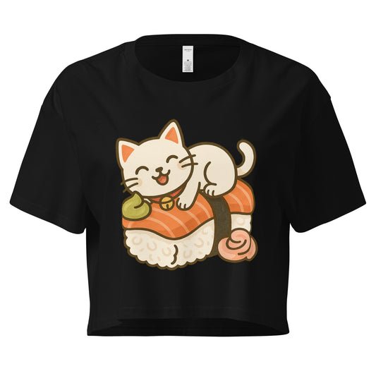 Black crop top with kawaii cat lying on sushi roll design