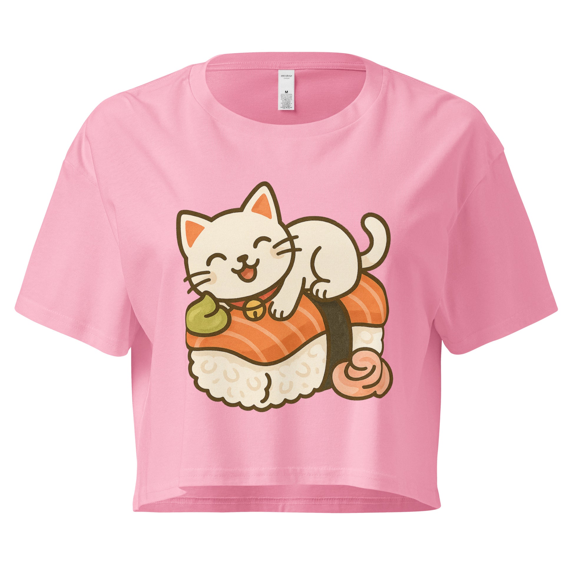 Bubblegum colour crop top with kawaii cat lying on sushi roll design