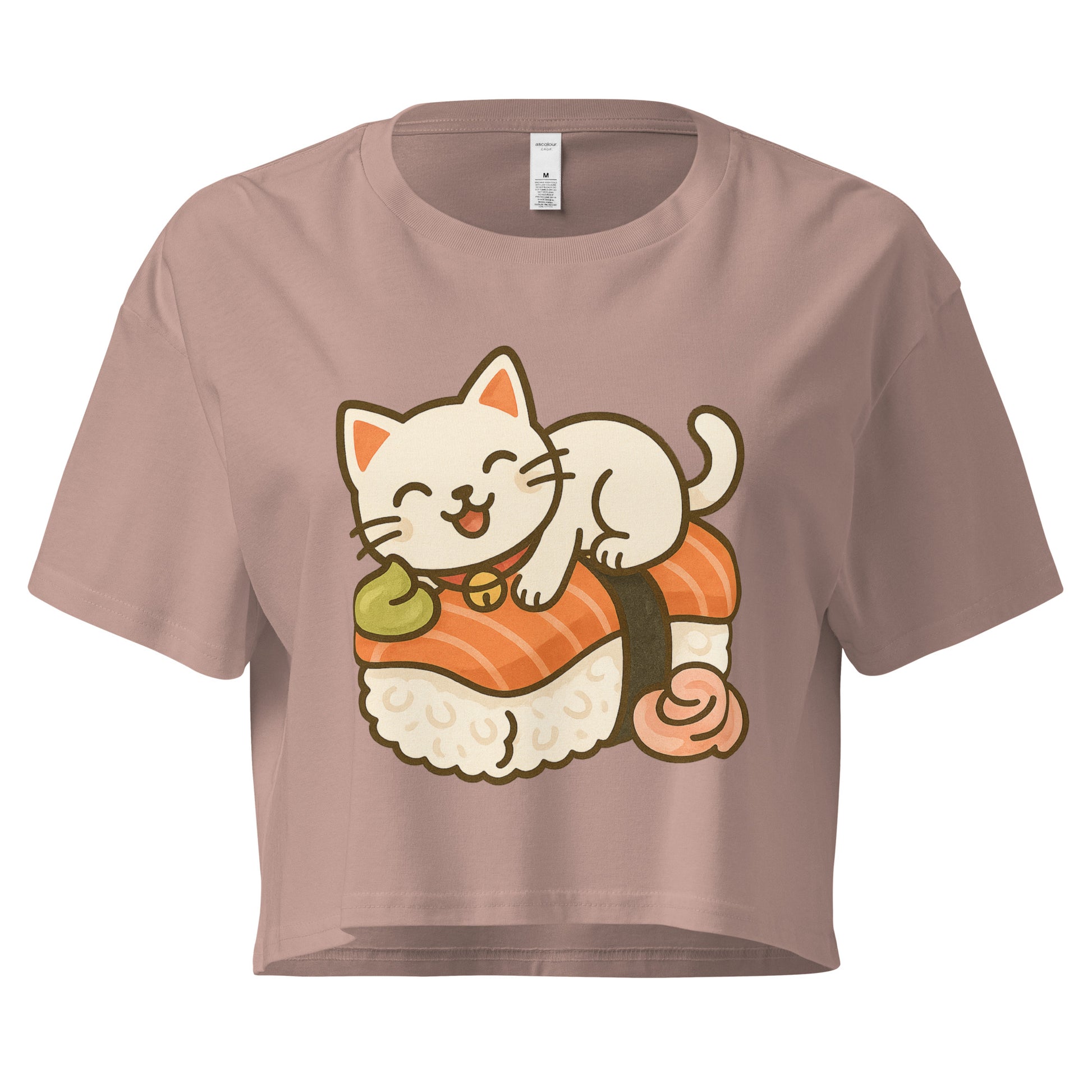 Hazy Pink colour crop top with kawaii cat lying on sushi roll design