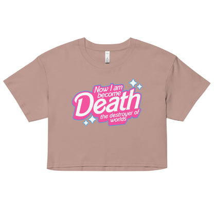 Barbie-inspired “Now I Am Become Death, Destroyer of Worlds” kawaii crop top – Hazy Pink with pink bubble letters and sparkles – McLaren T-Hub