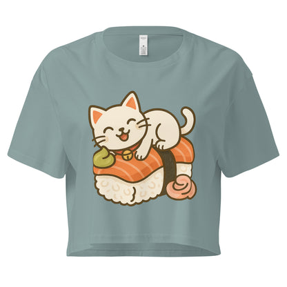 Mineral colour crop top with kawaii cat lying on sushi roll design