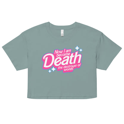 Barbie-inspired “Now I Am Become Death, Destroyer of Worlds” kawaii crop top – Mineral with pink bubble letters and sparkles – McLaren T-Hub