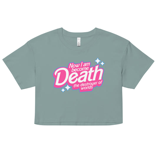 Barbie-inspired “Now I Am Become Death, Destroyer of Worlds” kawaii crop top – Mineral with pink bubble letters and sparkles – McLaren T-Hub