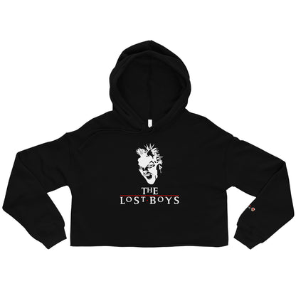 Black crop hoodie featuring The Lost Boys logo and David vampire face graphic from the 1987 cult-classic film.