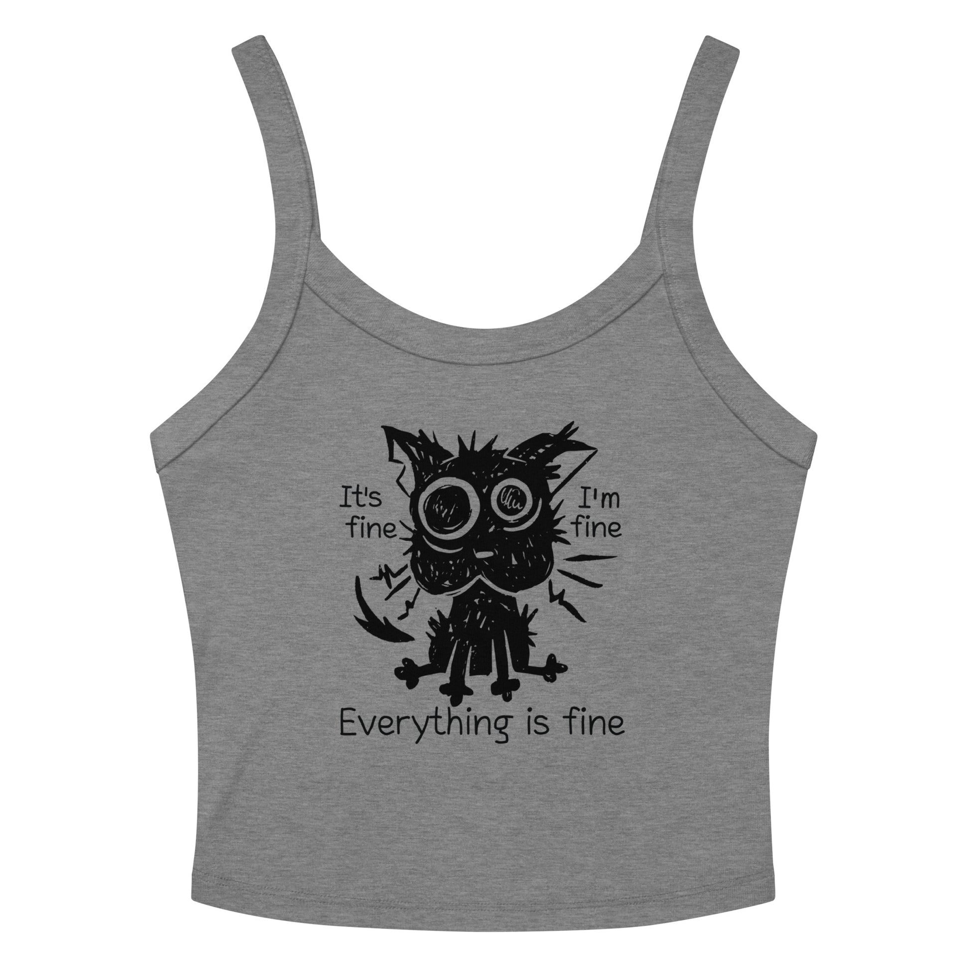 Funny anxiety cat crop top with “Everything is fine” text – distressed cartoon cat design. athletic Heather