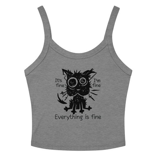 Funny anxiety cat crop top with “Everything is fine” text – distressed cartoon cat design. athletic Heather