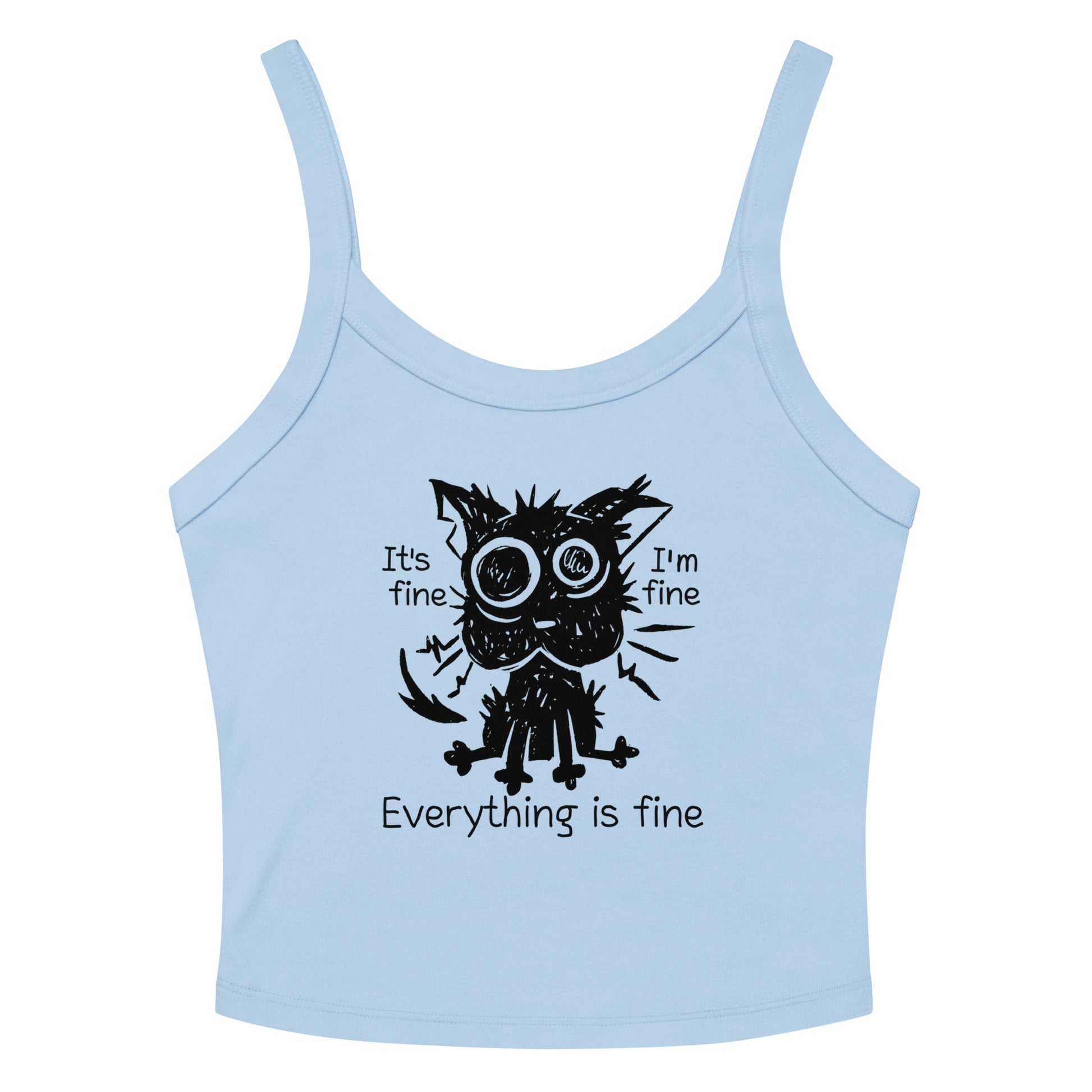 Funny anxiety cat crop top with “Everything is fine” text – distressed cartoon cat design. Baby Blue