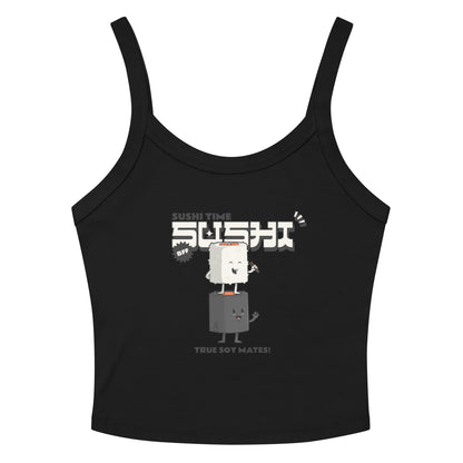 Black tank top with kawaii sushi design and text "Sushi Time" and "True Soy Mates