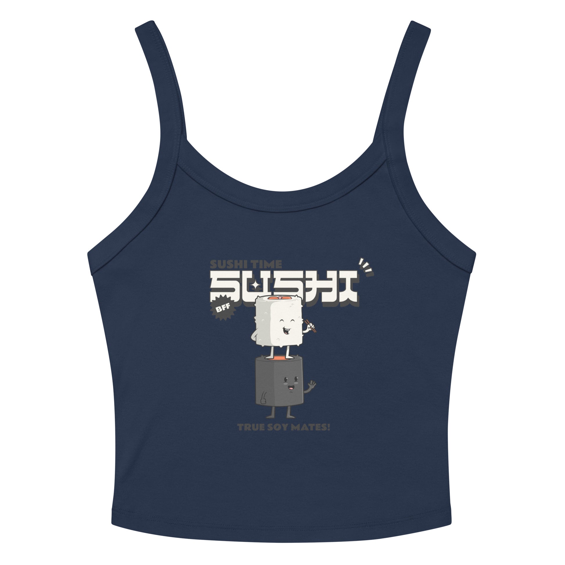 Navy tank top with kawaii sushi design and text "Sushi Time" and "True Soy Mates