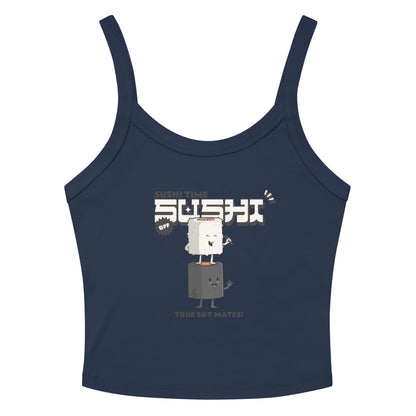 Navy tank top with kawaii sushi design and text "Sushi Time" and "True Soy Mates