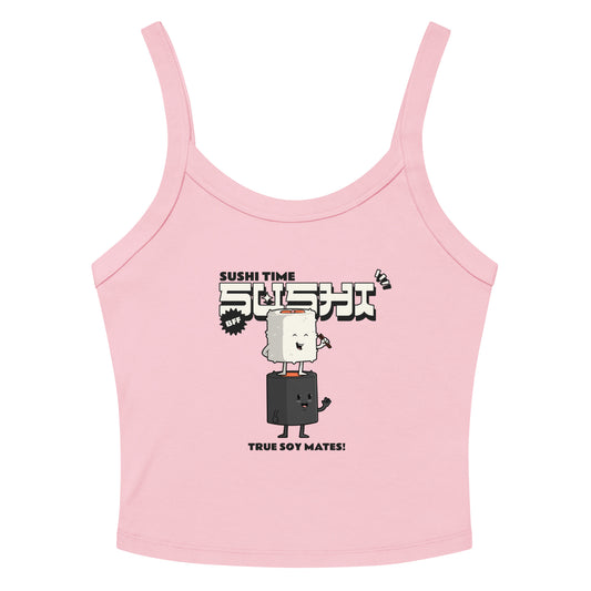 Pink tank top with kawaii sushi design and text "Sushi Time" and "True Soy Mates