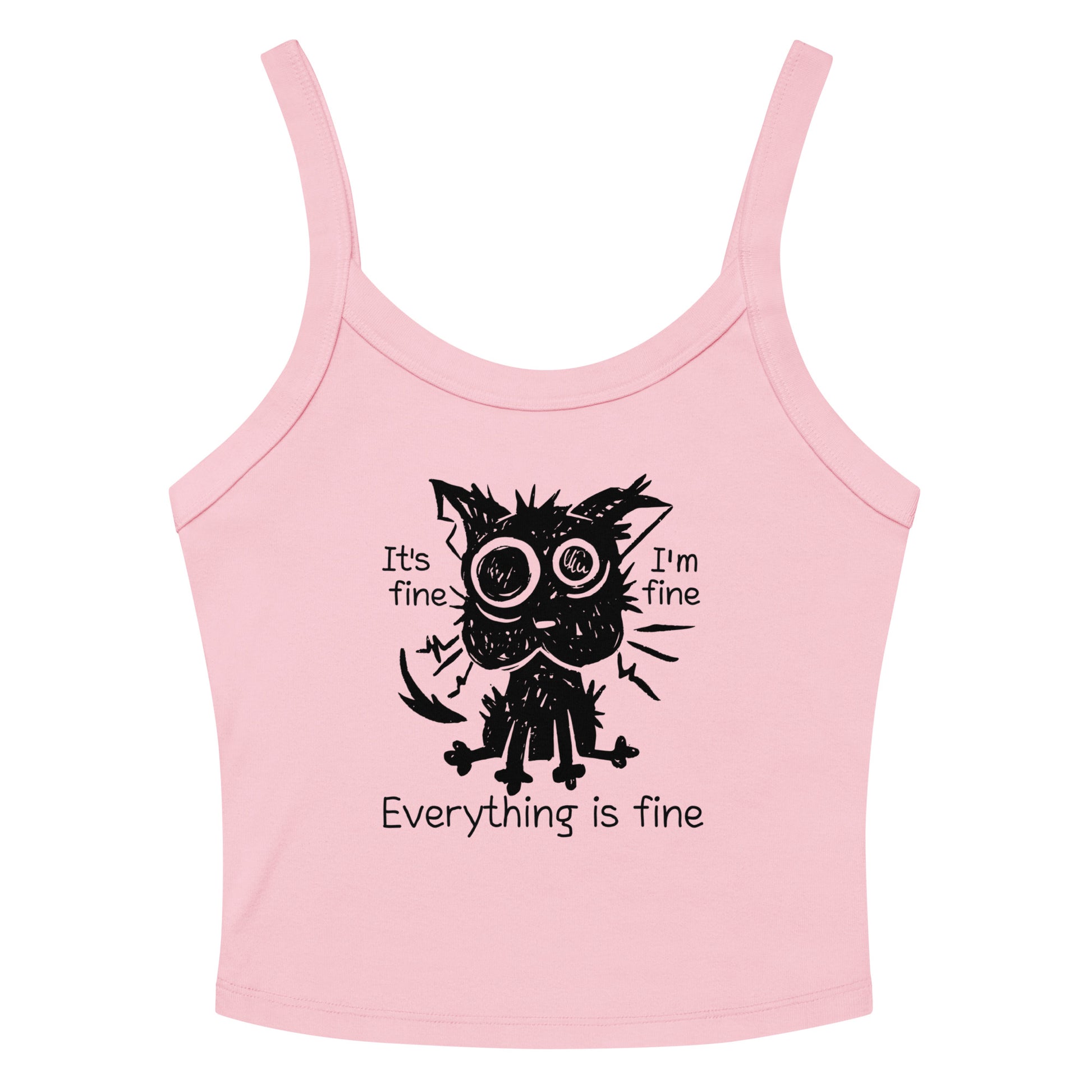 Funny anxiety cat crop top with “Everything is fine” text – distressed cartoon cat design. Pink