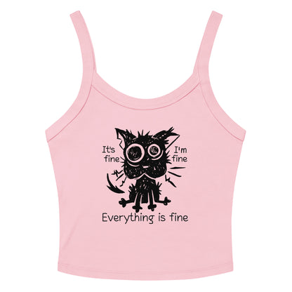 Funny anxiety cat crop top with “Everything is fine” text – distressed cartoon cat design. Pink