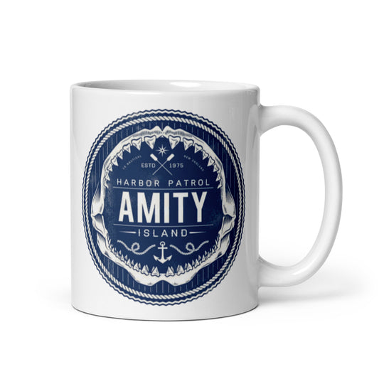 White mug featuring a fictional Amity Island Harbour Patrol logo inspired by the 1975 movie Jaws, perfect for fans of the classic film.