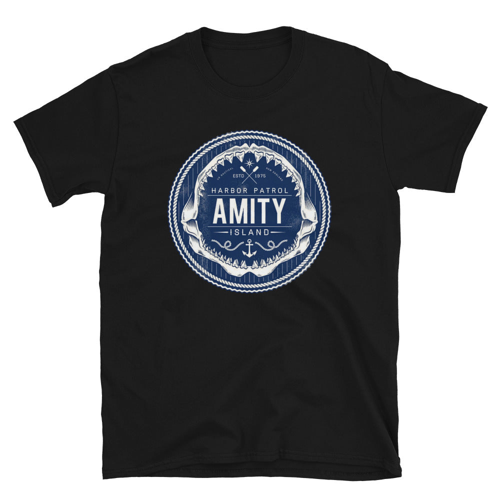 Graphic T-shirt with a fictional Amity Island Harbour Patrol logo from the 1975 Jaws movie, showcasing detailed design.