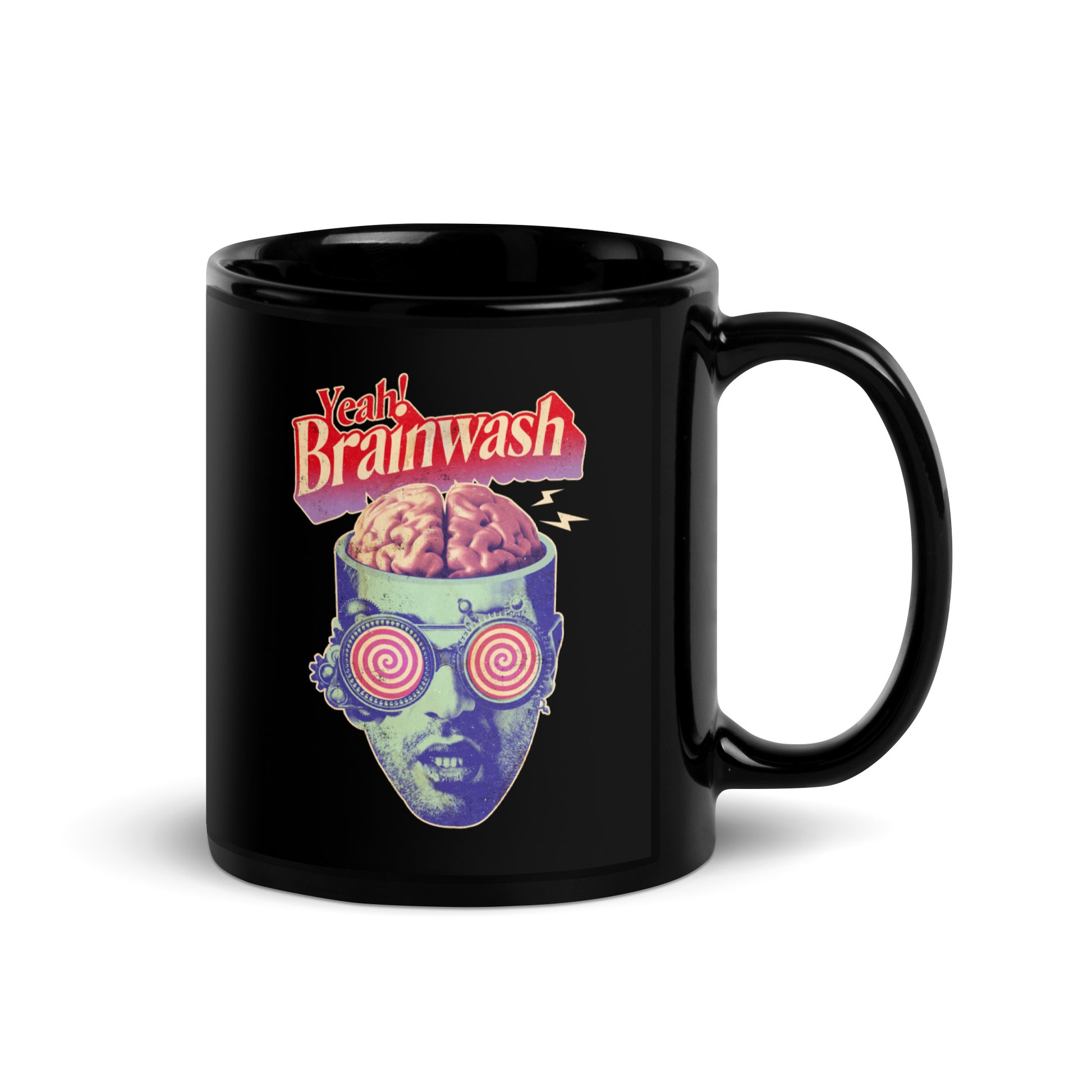 Brainwashed Black Glossy Mug, Brainwashed black mug, Mug Brainwashed, Retro Graphic Mug, Mug Retro graphics, Funky Mugs, - McLaren Tee Hub 