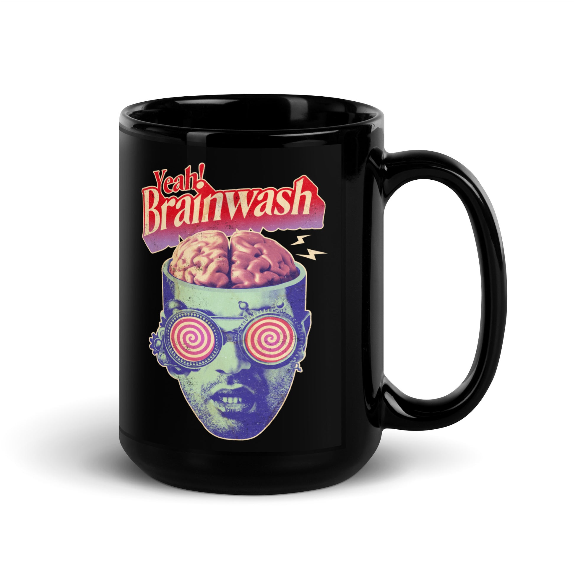 Brainwashed Black Glossy Mug, Brainwashed black mug, Mug Brainwashed, Retro Graphic Mug, Mug Retro graphics, Funky Mugs, - McLaren Tee Hub 